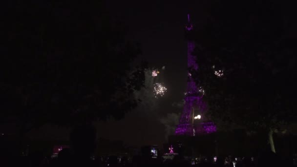 Pessoas atirando e tirando fotos de fogos de artifício na Torre Eiffel — Vídeo de Stock