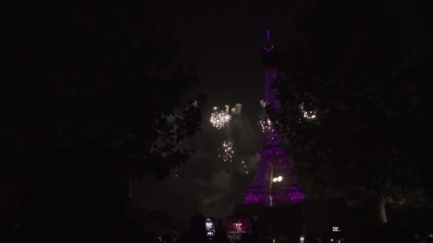 Fuochi d'artificio alla Torre Eiffel nella festa nazionale, conosciuta anche come Bastille Day — Video Stock