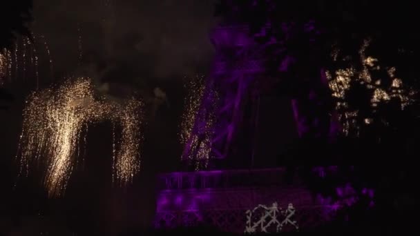 Projectie Toon silhouetten van vier meisje dansers bij Eiffel Tower Paris vuurwerk — Stockvideo