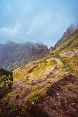 Engebeli dağ yemyeşil çim ile büyümüş ve sis tarafından örtmek. XO-Xo Vadisi. Santo Antao Adası, Cape Verde Cabo Verde