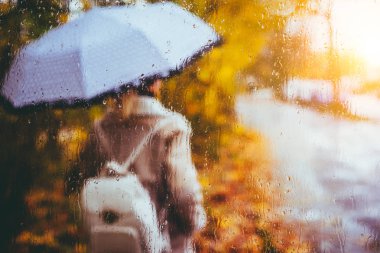 Güzel altın sonbahar sezonu. Suluboya sırt çantası ve parlak şemsiye ile bulanık sarışın kız gibi yağmurlu damla ve damlacıkları altında duruyor. Arkadan aydınlatmalı günbatımı güneş ışını patlamaları üzerinde sccreen. Islak hava