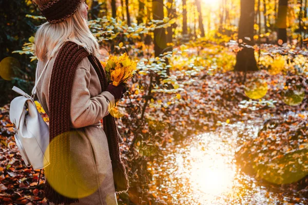 Zijaanzicht van vrouwelijke bedrijf boeket van gele herfst maple laat in haar gehandschoende handen. Grond bedekt met oranje leaves verlichte door warme avond verlicht zonlicht weerspiegeld in een vijver — Stockfoto