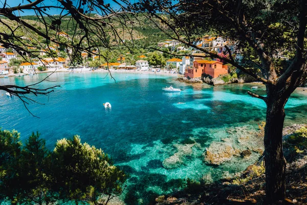 View on tourquise transparent bay of mediterranean village Assos framed through green pine grove. Shadow pattern. Kefalonia Greece — Stock Photo, Image