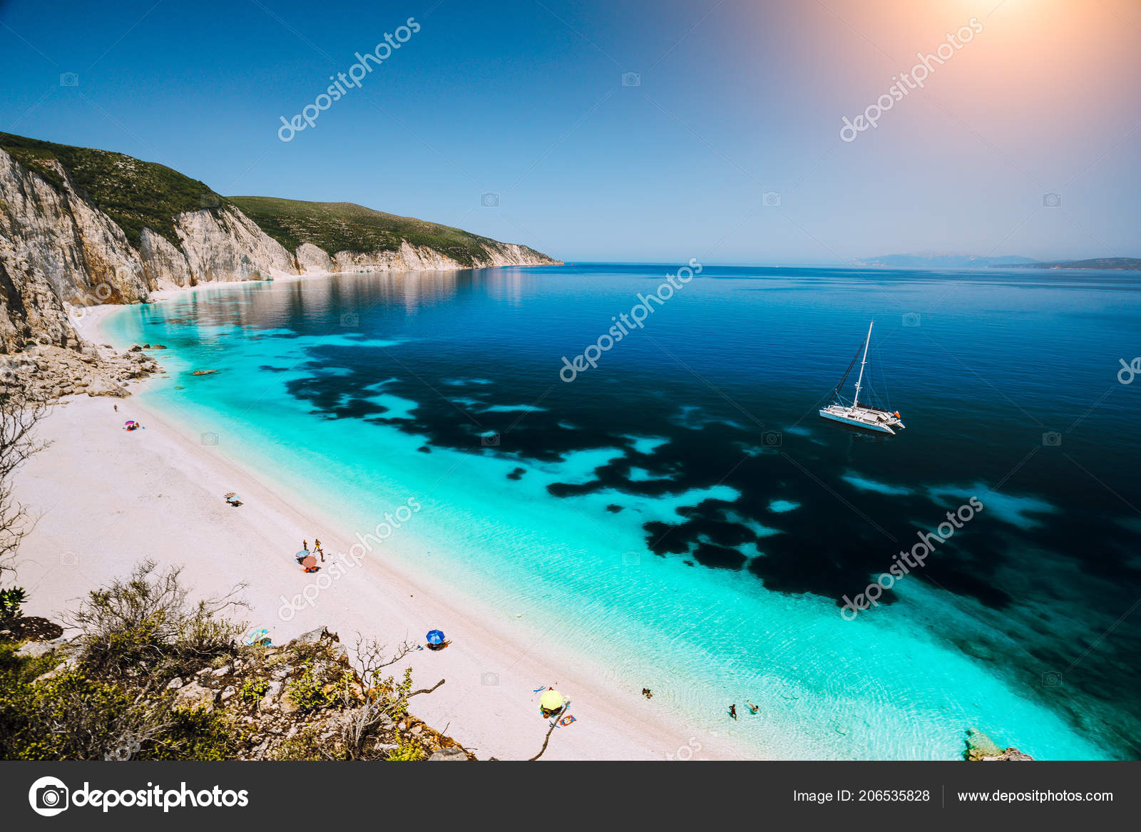 Fteri Beach Kefalonia Map Fteri Beach, Cephalonia Kefalonia, Greece. White Catamaran Yacht In Clear  Blue Sea Water. Tourists On Sandy Beach Near Azure Lagoon Stock Photo By  ©Galeja 206535828