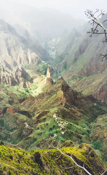 Breathtaking panorama of deep lush ribeira surrounded by towering peaks. Verdant Xo-Xo valley on Santo Antao Island Cape Verde — Stock Photo, Image