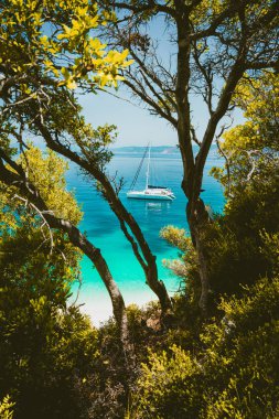 White catamaran yacht in clear blue transparent sea water surface hidden framed by branches of pine tree. Amazing paradise dream like Fteri beach lagoon, Kefalonia, Greece clipart