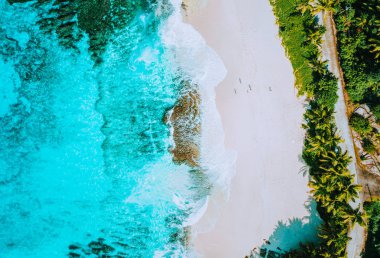 Şaşırtıcı cennet tropikal hava fotoğrafı plaj Anse Bazarca Mahe Adası, Seyşel Adaları'nda. Beyaz kum, turkuaz su lagün, palmiye ağaçları ve deniz mavisi Granit kayalar