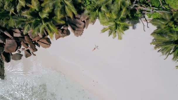 4k air view vertical move up footage from girl laying on a white sand beach surrounded by crystal clear turquoise shallow ocean lagoon water and amazing granite rocks on tropical La Digue island — стоковое видео