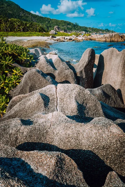 Уникальные большие гранитные скалы в пышной зеленой листве на скрытой живописной тропической береговой линии. Grand L Anse, La Digue, Сейшелы — стоковое фото