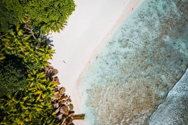 Menina banhos de sol na praia de cocos tropicais com belas rochas, palmeiras e ondas oceânicas. Um drone aéreo disparado. Seicheles — Fotografia de Stock