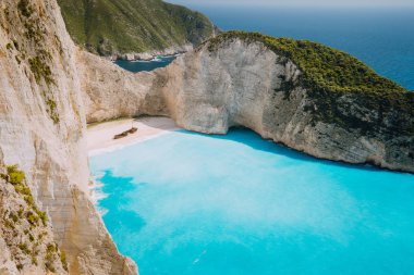Wreck gemi plaj Navagio panoramik fotoğraf. Zakynthos Island, Yunanistan