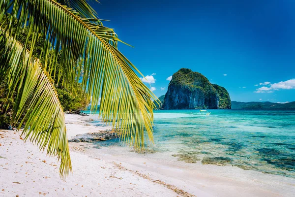 Palm boomtakken op zandstrand met indrukwekkende Pinagbuyutan eiland in de achtergrond. Dromerige landschaps landschap in El Nido, Palawan, Filipijnen — Stockfoto