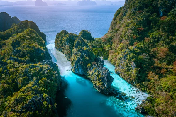 Aerial drone view of entrance to Big and Small Lagoon surrounded by steep cliffs El Nido, Palawan Philippines — Stock Photo, Image