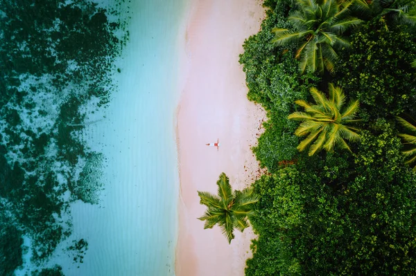 Egy fiatal nő légifotója relaxáló a trópusi paradicsomban homokos strandon, pálmafák és kristálytiszta, azúrkék óceán sekély vize — Stock Fotó