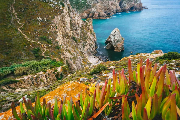 Cabo da Roca Avrupa 'nın en uç noktasıdır. Kaya 'lı gizli plaj, mavi berrak sular ve yapraklar. Atlantik Okyanusu, Sintra, Portekiz — Stok fotoğraf