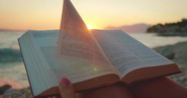 Rüzgâr İncil 'in sayfalarını dingin sahil günbatımına karşı çeviriyor..