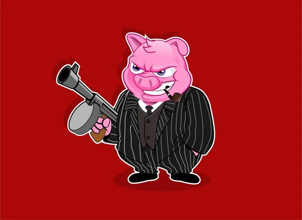 Pork Holding Tomy Gun Dressing Mafia Cartoon Style — Stock Vector