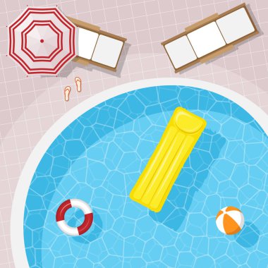 Üstten görünüm yuvarlak havuzu, şezlong ile. Tatil. Vektör çizim.