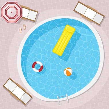 Üstten görünüm yuvarlak havuzu, şezlong tarafından çevrili. Tatil. Vektör çizim.