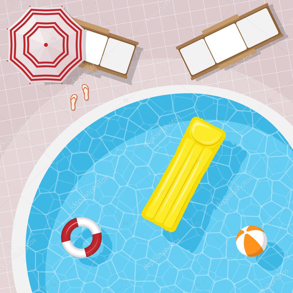 Top view of a round pool, with sun loungers. Vacation. Vector illustration.