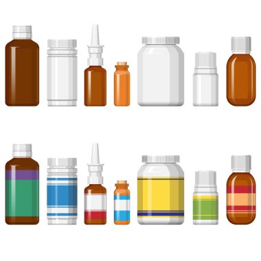 Çeşitli ilaç şişe üst üste iki kümesi. Vektör çizim.