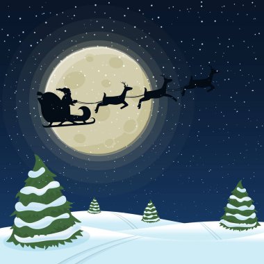Noel Baba'ya bir Ren geyiği harnesse karşı gece gökyüzü ve ay ile bir atlı kızak. Vektör çizim