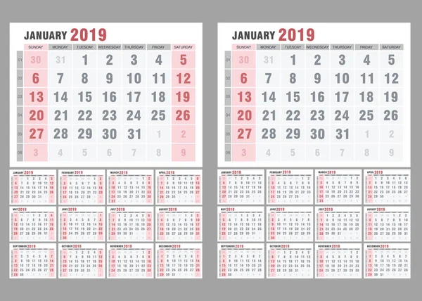 Два Простих Календарі 2019 Рік Тиждень Починається Неділя Векторні Ілюстрації — стоковий вектор