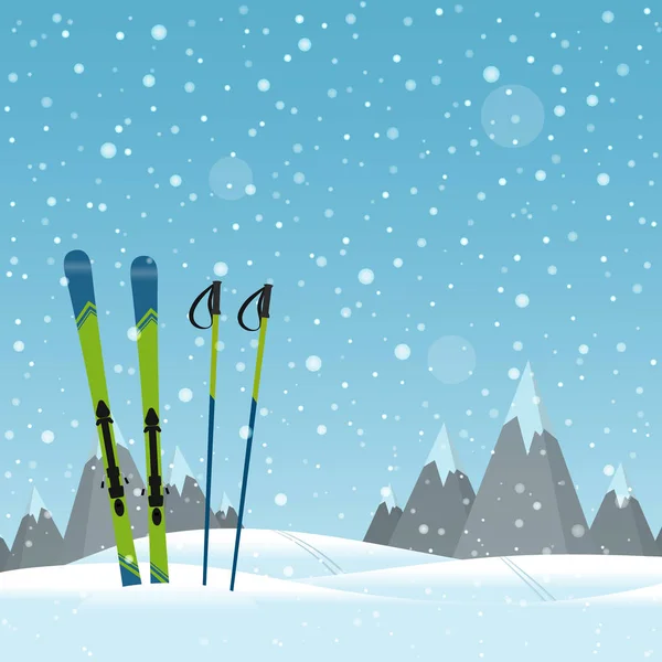 Skiën Tegen Achtergrond Van Bergen Winterlandschap Plek Voor Tekst Vectorillustratie — Stockvector