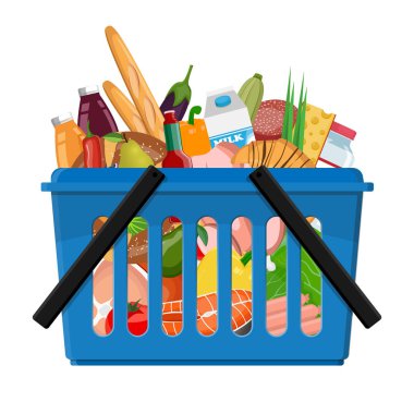 Shopping cart from a supermarket with a full variety of food on a white background. Vector illustration.