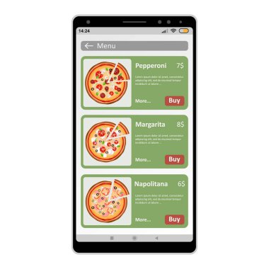 Beyaz bir arka plan üzerinde bir telefon kullanma online pizza siparişi. Vektör çizim.