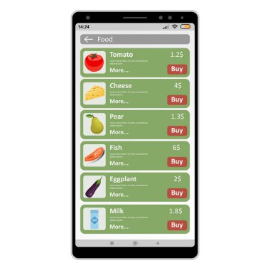 Beyaz bir arka plan üzerinde bir telefon kullanarak çevrimiçi gıda satın. Vektör çizim.