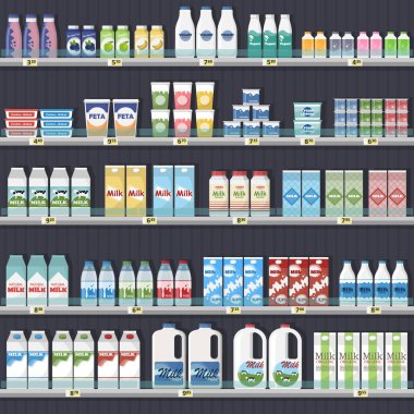 Sayaç (buzdolabı) bir süpermarkette fiyat etiketleri ile süt ve süt ürünleri ile. Vektör çizim