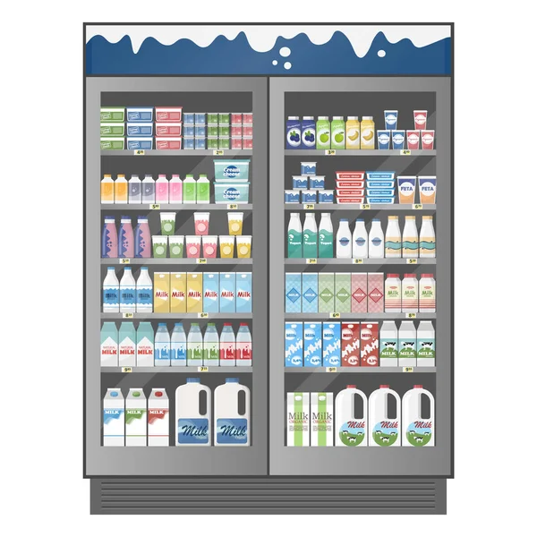 Refrigerador Comercial Cheio Vários Produtos Lácteos Com Etiquetas Preço Fundo —  Vetores de Stock