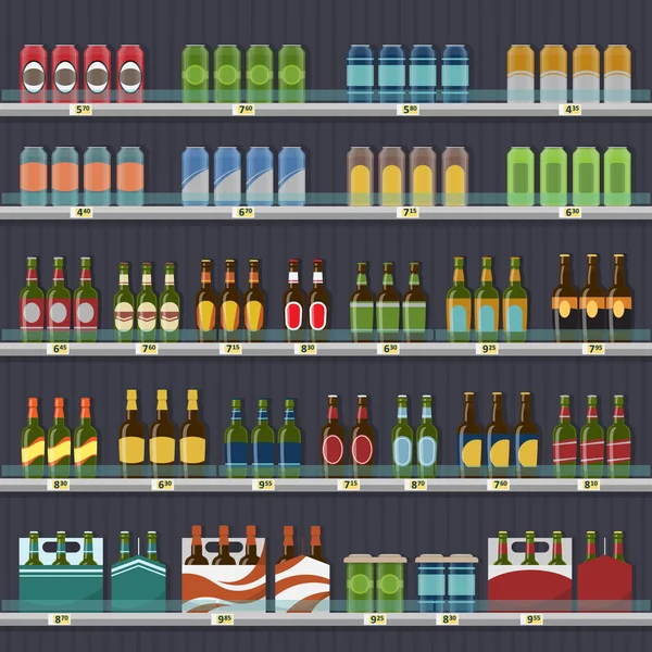 Cerveja em latas e garrafas, de pé na prateleira . — Vetor de Stock