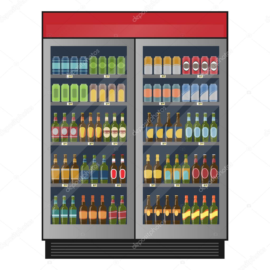 Industrial refrigerator with beer isolated on white background. 
