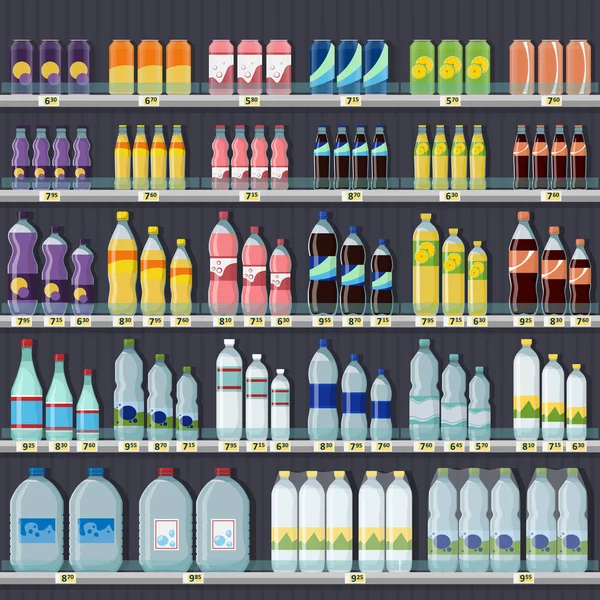 Preise für kohlensäurehaltige Getränke und Wasser im Regal. — Stockvektor