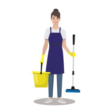 Beyaz bir telefon üzerinde bir kova ve paspas ile Housekeeper. 