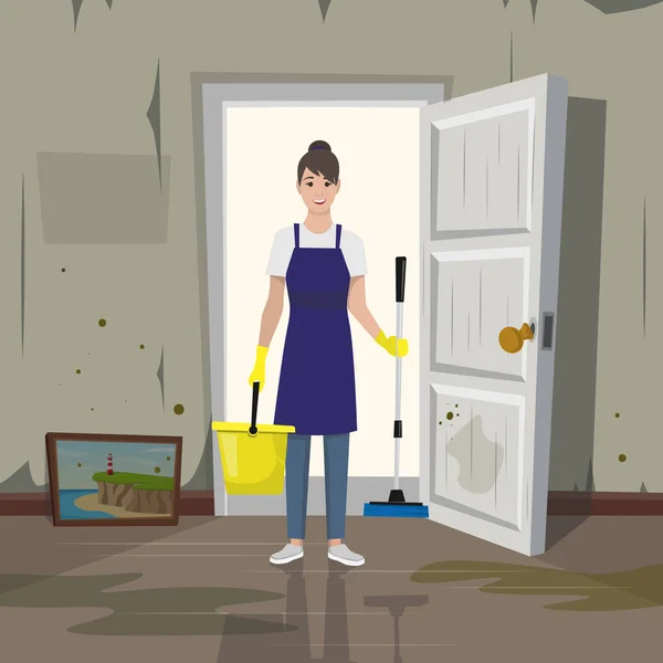 Housekeeper at the entrance with a bucket and mop. — Stock Vector