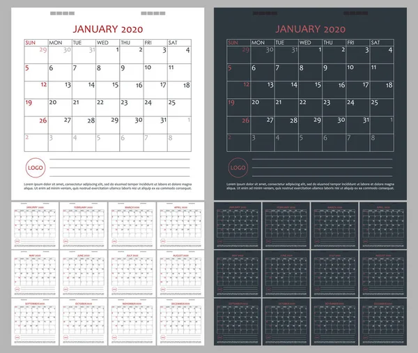 Два простих календарі (планувальник) на 2020 рік — стоковий вектор