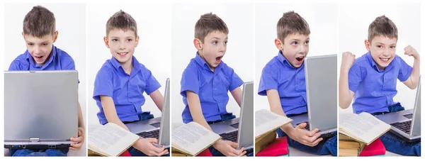 Retrato de colegial lindo sentado con libros y mecanografía en el teclado del ordenador portátil — Foto de Stock