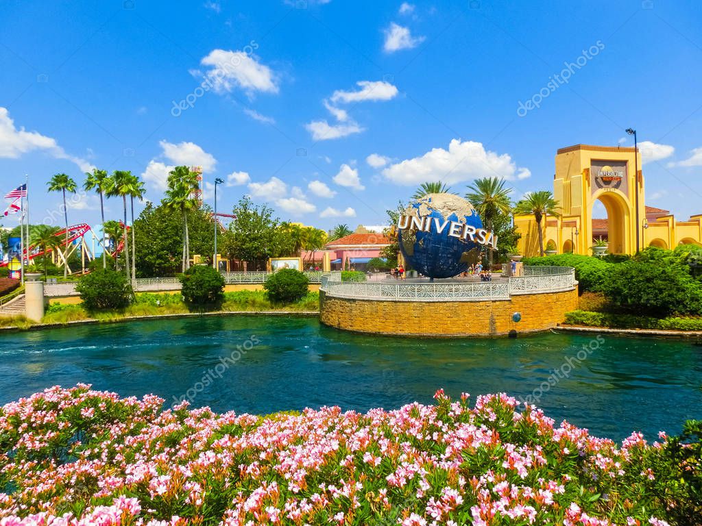 Orlando, USA - May 8, 2018: The large rotating Universal logo globe on May 8, 2018. Universal Studios is one of Orlando famous theme parks.