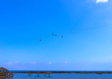 İnsanlar yüksek zipline Labadee Adası'nda Haiti Karayipler'de üzerinde uçan