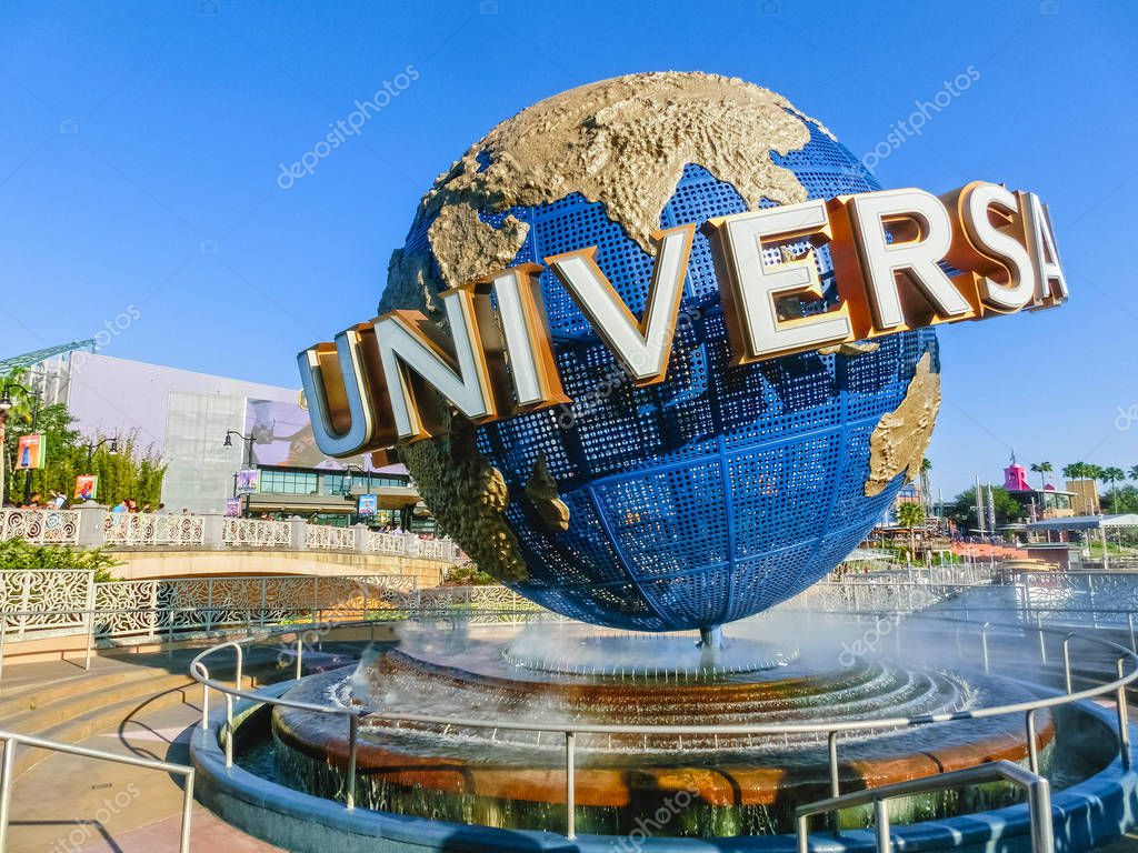 Orlando, USA - May 8, 2018: The large rotating Universal logo globe on May 8, 2018. Universal Studios is one of Orlando famous theme parks.