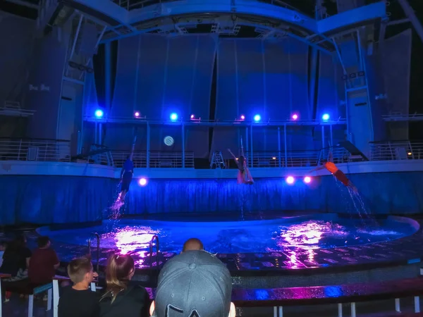 ケープ カナベラル アメリカ合衆国 2018 アクア劇場で劇場客船クルーズ ロイヤルカリビアンによって海のオアシスは 2018 日にケープ カナベラル 米国でドッキングで夜ショーで座っている人 — ストック写真