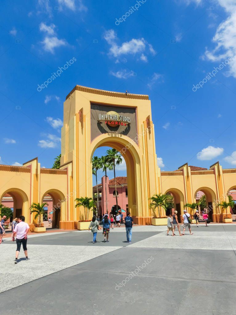 Orlando, USA - May 8, 2018: The main entrance to Universal park. Universal Studios is one of Orlando famous theme parks.