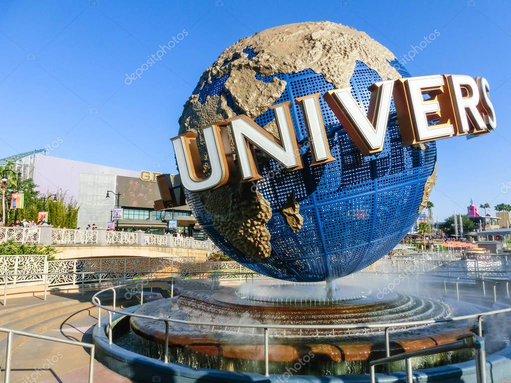 Orlando, USA - May 8, 2018: The large rotating Universal logo globe on May 8, 2018. Universal Studios is one of Orlando famous theme parks.