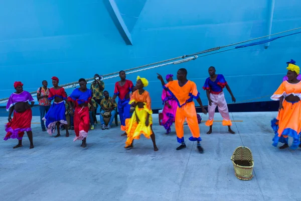 LABADEE, HAITI - MAY 01, 2018: local music group singing and greeting tourists from cruise ship docked in Labadee, Haiti on May 1 2018.