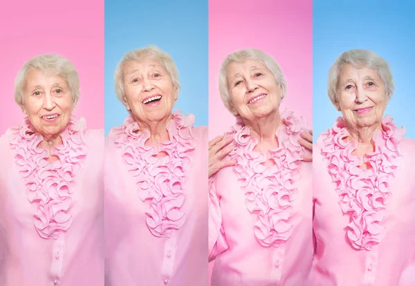 Коллаж Разных Эмоций Пожилой Женщины Фоне Студии Роз — стоковое фото