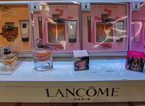 Miami, Usa - May 12, 2018: Lancome Poeme perfume on the shop display at Aventura mall, Miami