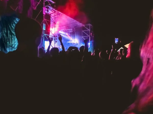 Party Concert Concept Crowd Raising Hands Enjoying Great Rock Festival — Stock Photo, Image